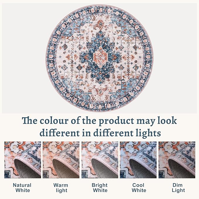 Tangsoo Vintage Round Rug 4ft, Washable Circle Rug, Non Slip Small Boho Round Rug, Low Pile Circular Rugs, Round Carpet for Bedroom,Entryway,Nursery,Dorm,Kitchen,Blue/Orange