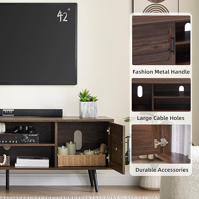 EDYO LIVING Mid Century Modern TV Stand for 65" TV, Wood TV Stand with Storage Cabinet and Open Shelf, Entertainment Center, TV Console Table for Living Room, Dark Walnut