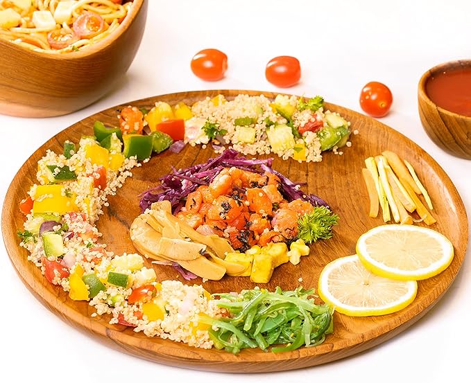 Rainforest Bowls Set of 2 12" Round Javanese Teak Wood Dinner Plates- Perfect for Everyday Use- Hot & Cold Friendly, Ultra-Durable, Premium Wooden Plates- Handcrafted by Indonesian Artisans