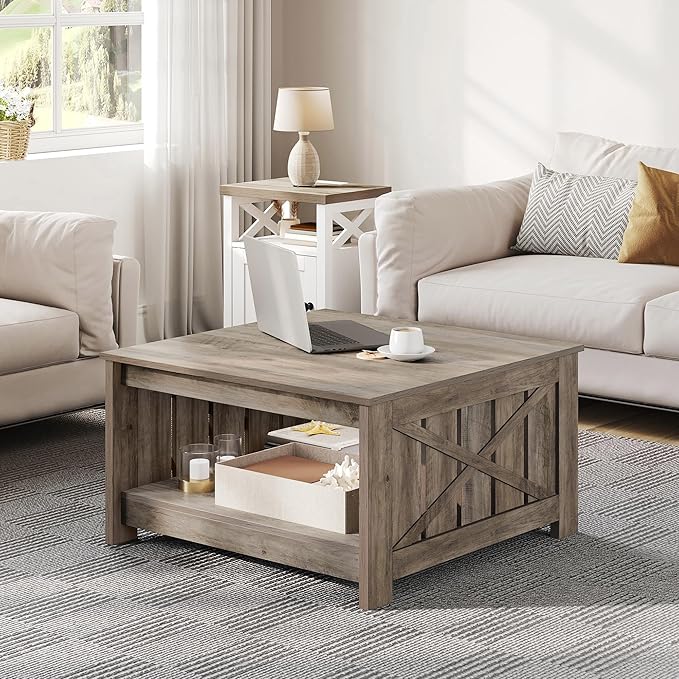 YITAHOME Coffee Tables for Living Room, Farmhouse Coffee Table with Storage Rustic Wood Cocktail Table, Square Coffee Tables for Living Meeting Room with Half Open Storage Compartment, Rustic Grey
