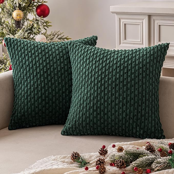 MIULEE Christmas Army Green Throw Pillow Covers Soft Corduroy Decorative Set of 2 Boho Striped Pillow Covers Pillowcases Farmhouse Home Decor for Couch Bed Sofa Living Room 16x16 Inch