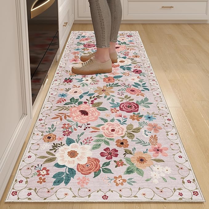 DUKINO Runner Rug, 2.6x8 Kitchen Runner Rug for Hallway with Non Slip Backing, Washable Low Pile Soft Boho Floral Carpet for Hallway, Kitchen, Entryway, Laundry, Bedroom, Beige
