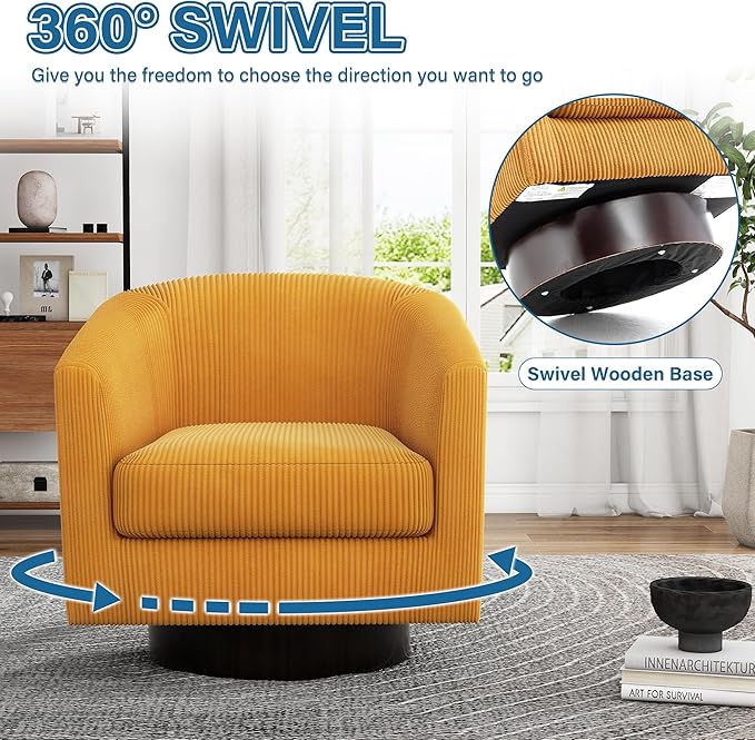 UIXE Swivel Accent Chair, Upholstered Corduroy Barrel Chair for Living Room, Small Single Sofa Bedroom Reading Seat, Set of 2, Orange