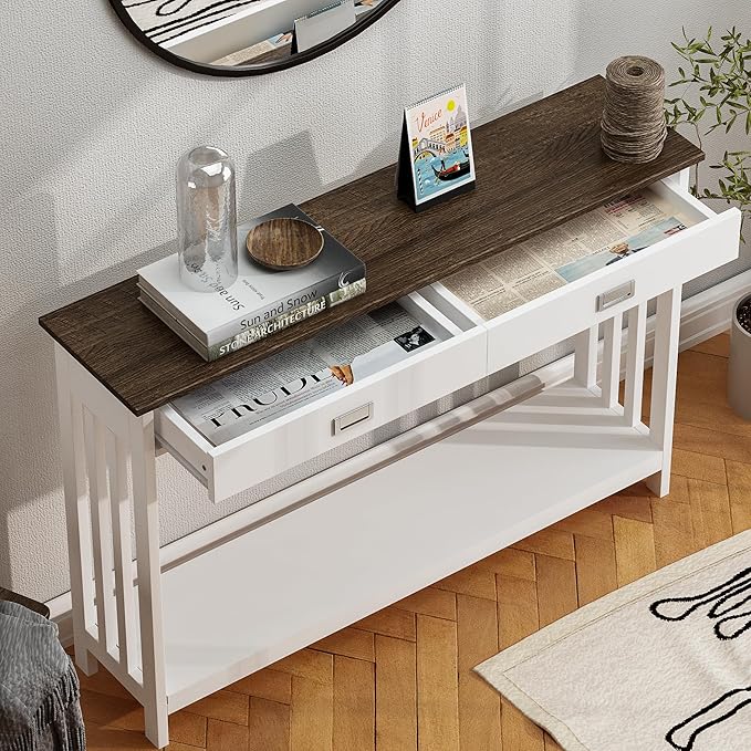ChooChoo Farmhouse Long Entryway Table with Drawer, Mission Narrow Console Sofa Table with Storage, for Entryway,Living Room and Hallway, 47 Soft White and Brown
