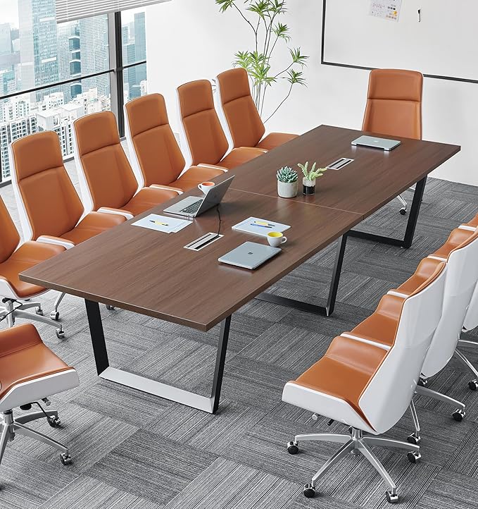 Sturdy Conference Table with Cable Management Grommets Modern Rectangle Office Meeting Table with Wood Tabletop and Metal Frame & Legs- Easy Assembly Boardroom Table (Mahogany, 12 Foot)