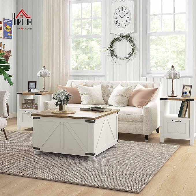 HOMCOM Farmhouse Coffee Table, 31.5" Square Coffee Table with Storage, Living Room Center Table with Hinged Flip Lift Top and Hidden Space, Antique White