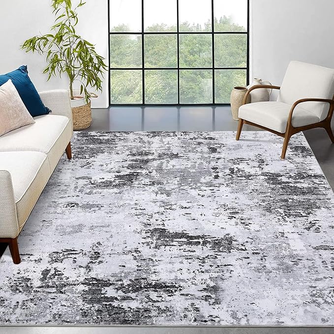 Area Rug 4x6 Washable Rug for Living Room Stain Resistant Carpet Modern Abstract Rugs Ultra Soft Indoor Floor Cover Low Pile Thin Rug for Bedroom Dining Room, Grey