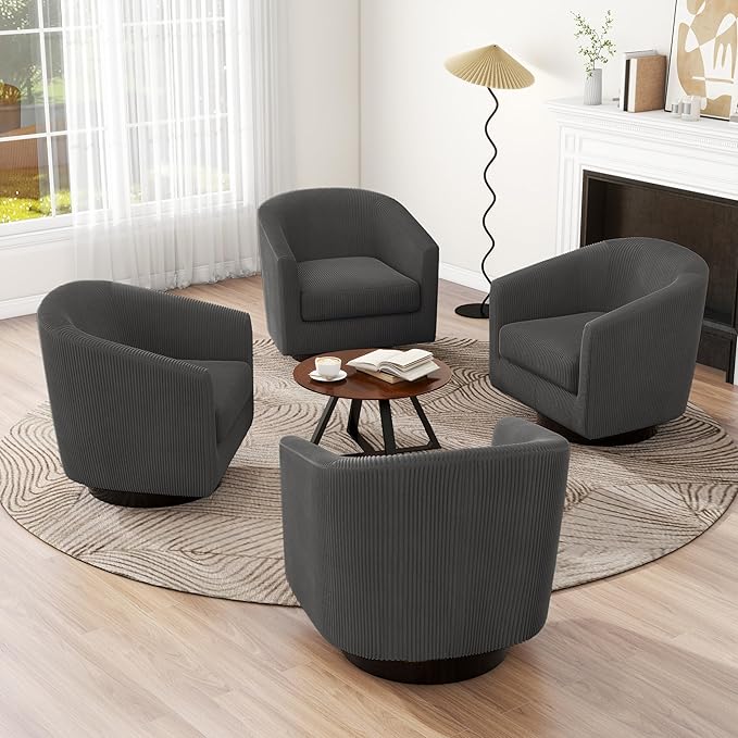 UIXE Swivel Accent Chair, Upholstered Corduroy Barrel Chair for Living Room, Small Single Sofa Bedroom Reading Seat, Set of 4, Gray