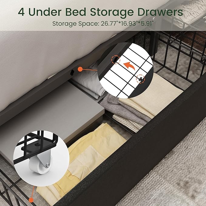 King Size Bed Frame with 4 Storage Drawers and Tufted Headboard Linen Upholstered Platform Bed Frame with Heavy Duty Wood Slats, No Box Spring Needed, Easy Assembly,Black