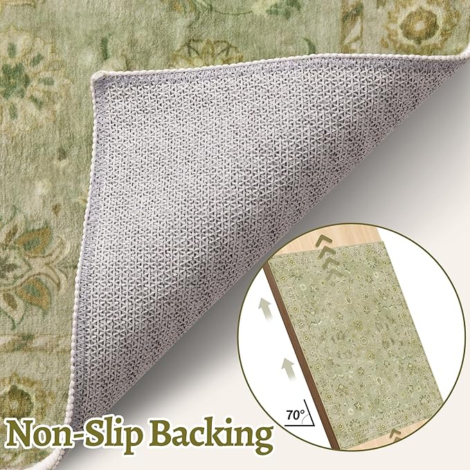 Tangsoo 2.6x8 Washable Runner Rug for Hallways, Floral Vintage Runner Non Slip, Soft Low Pile Long Rugs, Print Distressed Green Carpet Runners for Kitchen Bedroom Entryway Living Room