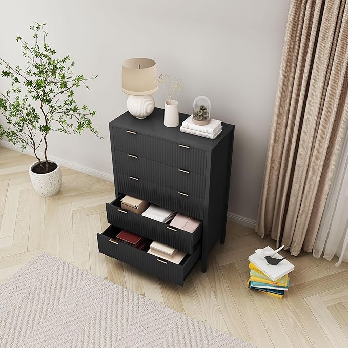 Fluted 5 Drawer Tall Dresser for Bedroom, Mid Century Modern Nightstand with Drawers, Tall Bedside Table for Closet Cloth, Living Room End Table with Storage for Dorm -Black