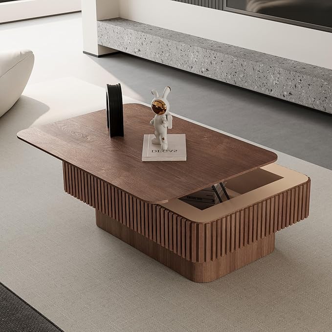 Lift Top Coffee Table for Living Room, Accent Fluted Coffee Table with Storage, Modern Solid Wood Veneered Rectangle Center Tea Table for Small Space Apartment (38.6''D×14''H-Walnut)