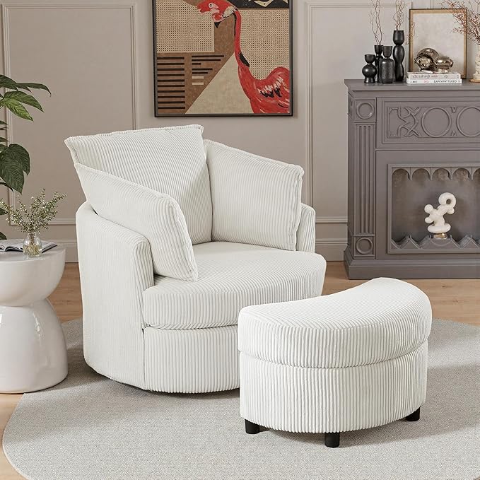 Swivel Accent Chair with Ottoman Comfy Reading Chairs for Bedroom Modern Corduroy Arm Chair 360°Swivel Barrel Chairs for Living Room,Apartment (White, 1)