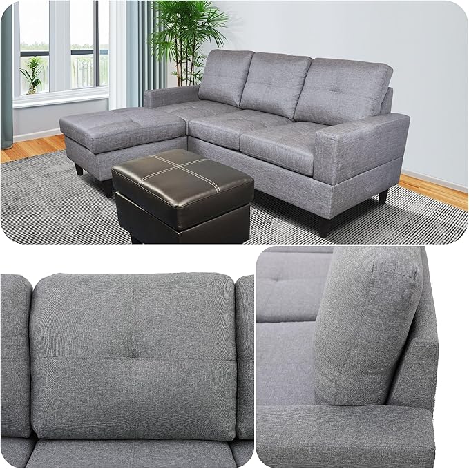 L Shaped Sofa with Ottoman, Modern Faux Leather Couch with Chaise, 3 Seat Living Room Sofa Set with Solid Wood, for Home, Apartment, Study Room, Brown Grey