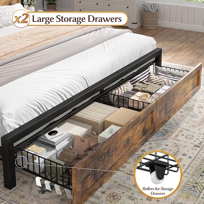 EnHomee Farmhouse King Size Bed Frame with 2 Storage Drawers & LED King Bed Frame Built in Charging Station,NO Noise,No Box Spring Needed,Brown