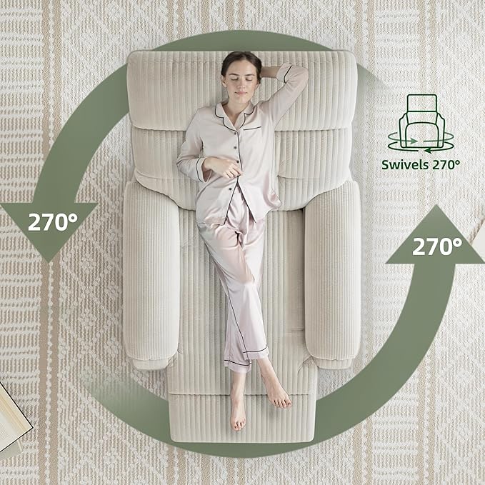 Claiks Power Swivel Rocker Recliner Chair, Oversized Recliner Chairs for Adults, Corduroy Overstuffed Reclining Chair with USB and Type-C Ports for Living Room, White