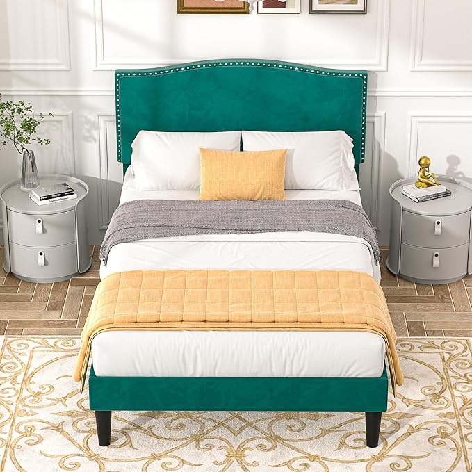 VECELO Twin Bed Frame Platform Bed Frame with Upholstered Headboard, Strong Frame and Wooden Slats Support, Strong Weight Capacity, Non-Slip and Noise-Free, Easy Assembly,Dark Green