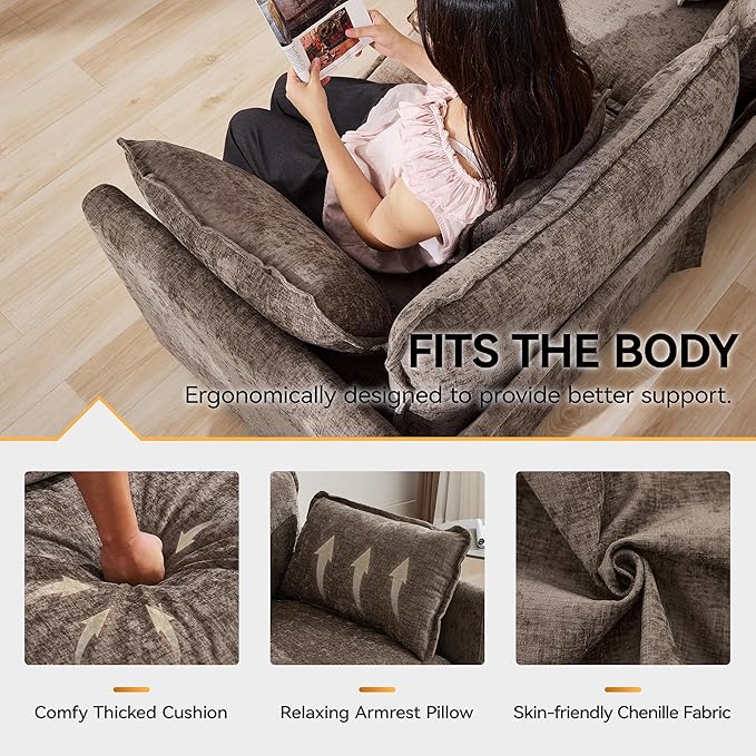 111'' Sectional Cloud Deep Seat Couch, Modern Comfy Chenille Modular Sectional Sofa for Living Room Set, Upholstered Modular 3-Seats Sofa Couch, Brown