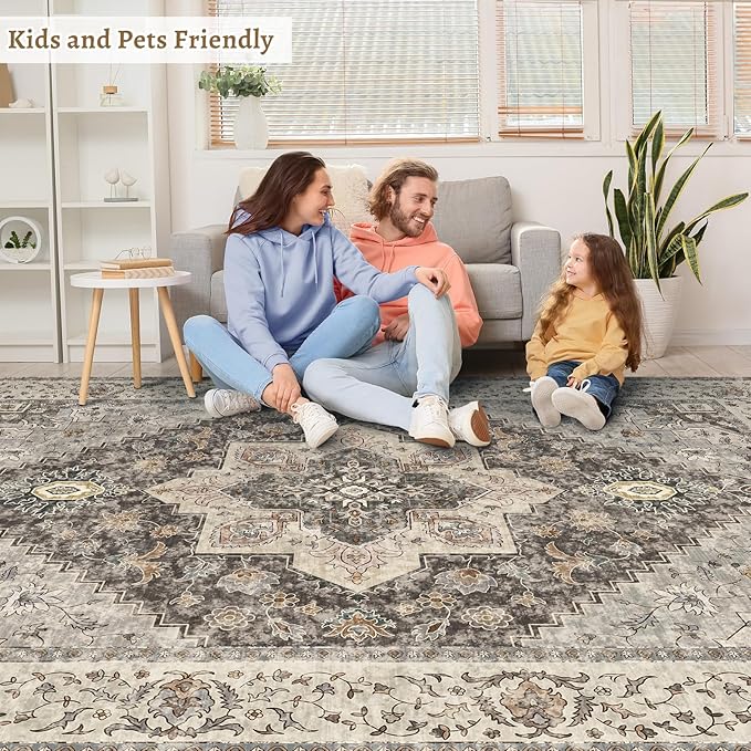 Tangsoo 5x7 Area Rug Washable Rug for Living Room, Vintage Indoor Non Slip Large Area Rugs, Print Distressed Brown/Grey Carpet, Soft Low Pile Foldable Floor Rug for Bedroom Dining Room Dorm