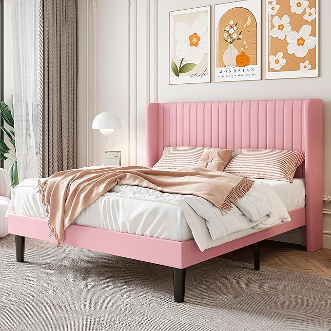 SHA CERLIN Queen Size Velvet Bed Frame with Vertical Channel Tufted Wingback Headboard, Upholstered Platform Bed with Wood Slats, No Box Spring Needed, Easy Assembly, Pink