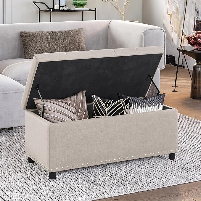 BELLEZE 35" Tufted Ottoman, Storage Bench with Safety Close Hinge, Ottoman with Storage for Living Room, Entryway, Hallway, Foot Rest, Support 300lbs - Beige