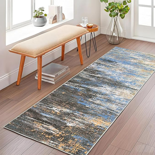 Washable Runner Rug 2x6 Modern Abstract Kitchen Rugs, Non Slip Bathroom Rug, Low Pile Laundry Room Soft Long Carpet for Hallway Bedroom Entryway, Blue/Brown