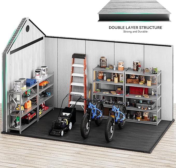 YITAHOME 8x12 FT Outdoor Storage Shed with Floor, Waterproof Plastic Garden Shed with Lockable Doors, 2 Windows & 2 Vents, 656 cu. ft. Resin Shed for Tools, Bikes, Patio or Backyard, Gray