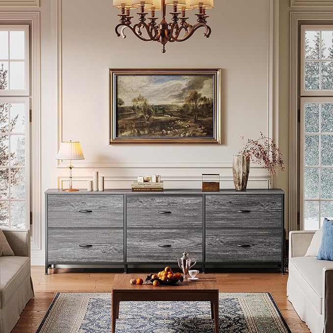 Huuger 63 Inch Long Dresser for Bedroom, Wide TV Stand for 55, 65, 70 Inch TV, 6 Drawer Dresser for Closet with Fabric Drawers, Storage Organizer for Bedroom, Entryway, Grey