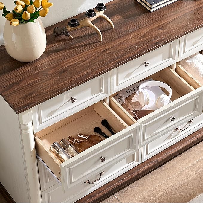 Farmhouse 10 Drawer Dresser with Roman Column Design, 54" Large Wood Chest of Drawers for Bedroom, Living Room, Antique White