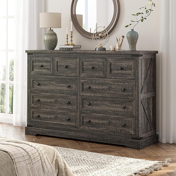 EnHomee 10 Drawer Dresser for Bedroom,55.11" W Wood Dressers and Chests of Drawers with Smooth Metal Rail,Large and Wide TV Stand Hallway,Dark Rustic Oak,14.9" D x 55.11" W x 35.6" H