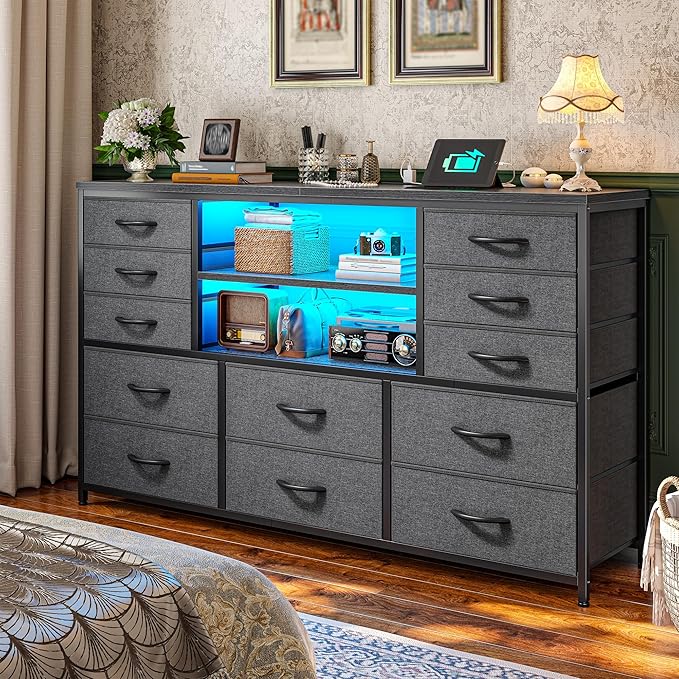 TV Stand with 12 Fabric Drawers for 55 inch TV, Entertainment Center with Charging Station & LED Lights, TV Media Console Table with 2 Open Storage Shelves for Living Room, Dorms, Wood Top, Grey