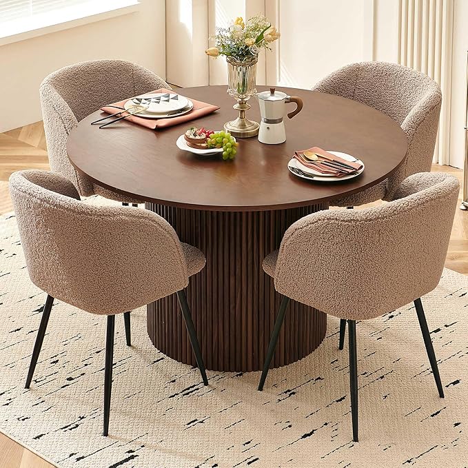 5 Piece 47-inch Round Dining Table Set for 4, Rustic Walnut Dinner Table with Upholstered Dining Room Chairs Brown, Engineered Wood Kitchen Table with Wood Strips Base