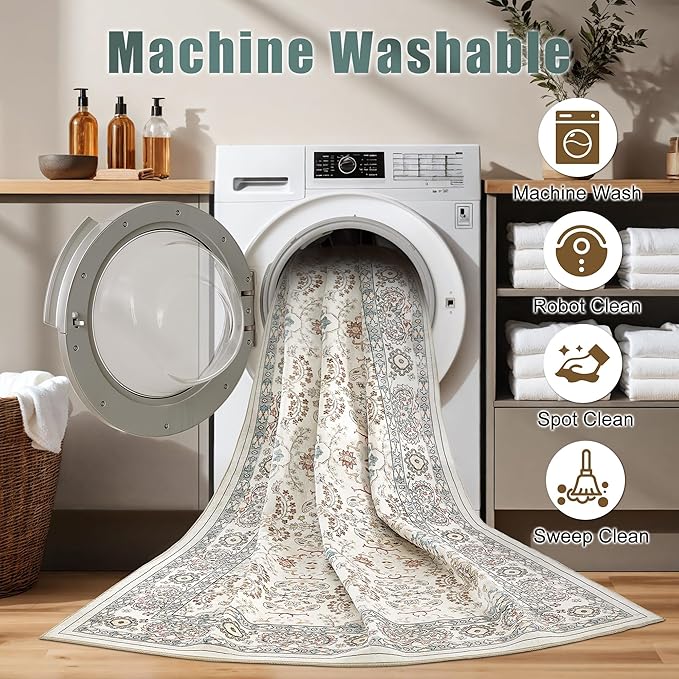 Area Rugs for Living Room: 9x12 Washable Rug Vintage Boho Floral Print - Ultra Thin Stain Resistant Large Soft Non Slip Foldable Carpets for Bedroom Dining Room Office Nursery - Multi