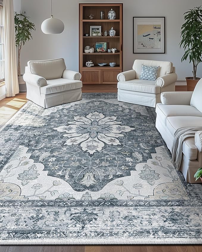 Area Rugs 10'x14' Washable Non-Slip, Floral Vintage Distress Print Pattern Medallion Carpet for Living Room Bedroom Dining Room, Light Gray Grey White