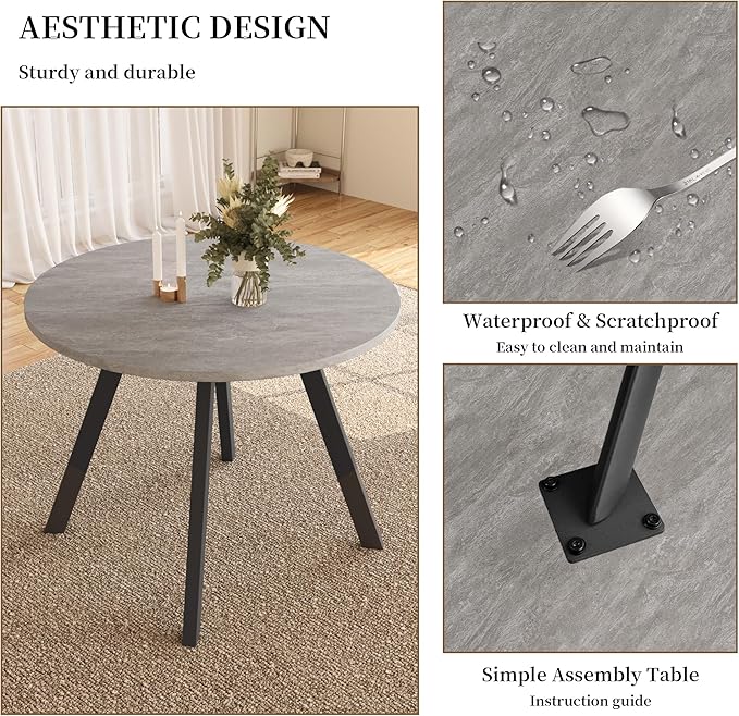 34.6'' Dining Table and Chairs for 4, Mid Century Modern Round Table Set, Space Saving for Apartment Kitchen Dining Room (Grey Table+4 U-Shaped White Chairs)