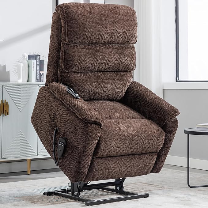 Lay Flat Lift Chair with Heat and Massage, Dual Motor Recliner, Infinite Position, Up to 350 LBS, Dark Brown, Chenille Fabric