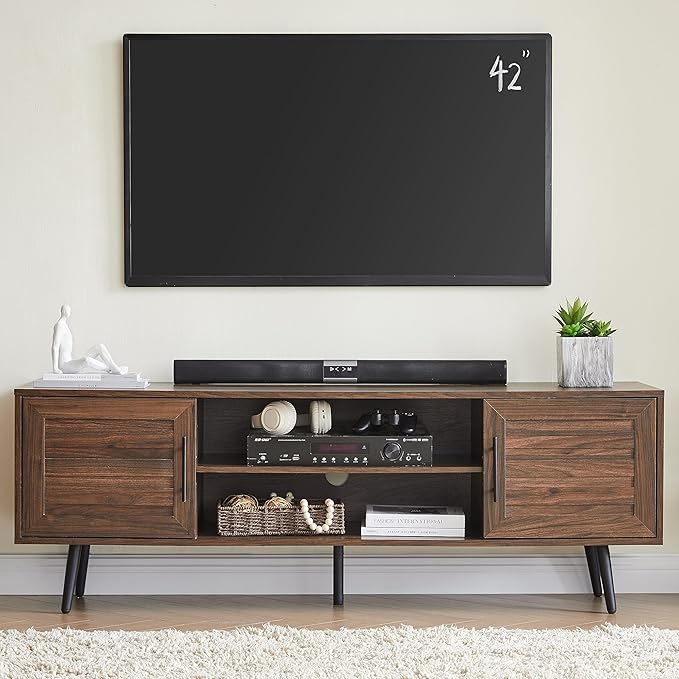 EDYO LIVING Mid Century Modern TV Stand for 65" TV, Wood TV Stand with Storage Cabinet and Open Shelf, Entertainment Center, TV Console Table for Living Room, Dark Walnut