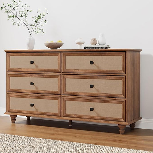 6 Drawer Dresser for Bedroom, Mid Century Modern Wide Wood Vintage Chest of Drawers Wooden Storage Organizer Burlap Rattan Drawers for Living Room, Hallway Closet, Entryway, Walnut