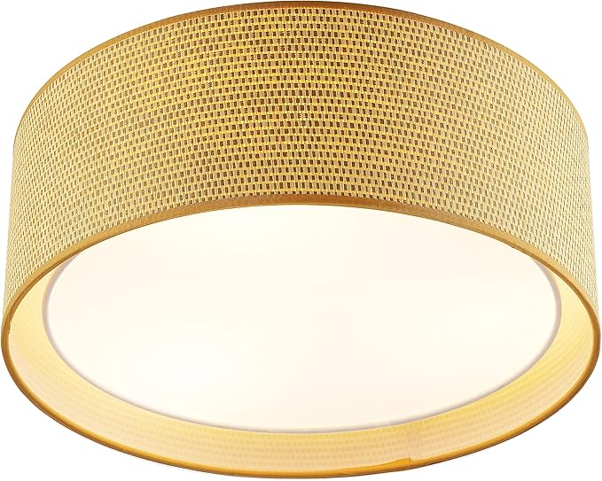 WINGBO 15.7" Modern 3-Light Flush Mount Ceiling Light Fixture with Fabric & Acrylic Double Drum Shade for Bedroom Living Room Dining Room Hallway Entryway, Flaxen