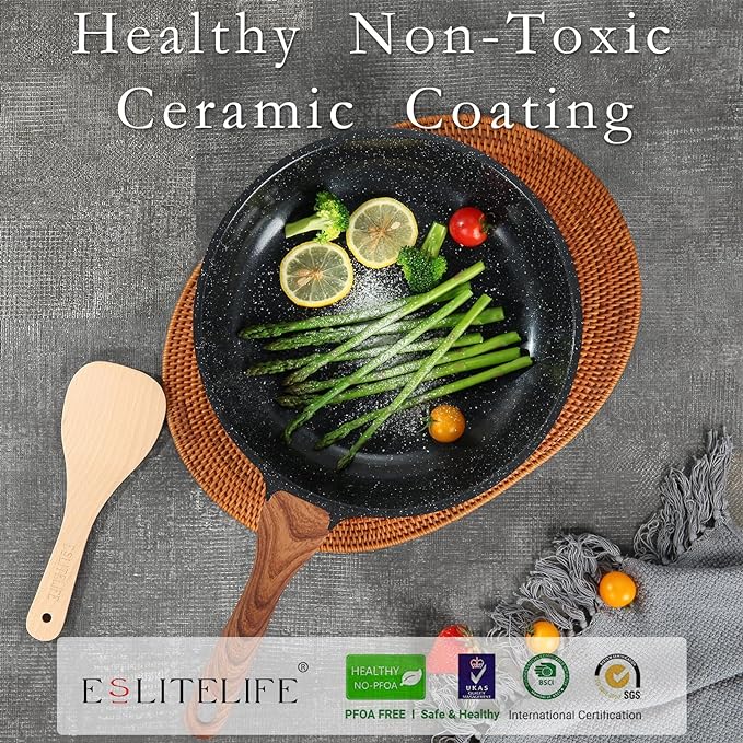 ESLITE LIFE Nonstick Ceramic Frying Pan Skillet, Non-Toxic Egg Omelette Kitchen Cooking Pans Compatible with All Stovetops (Gas, Electric & Induction), PTFE & PFOA Free (Black, 11'')