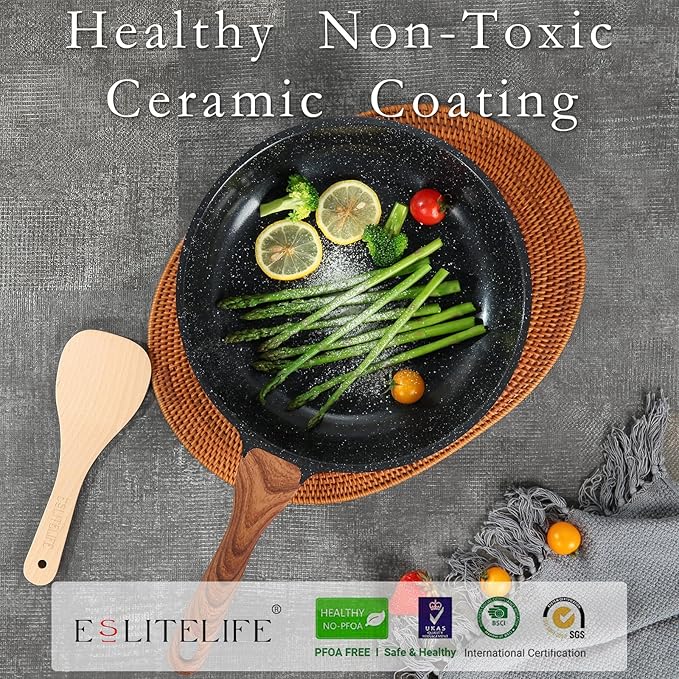 ESLITE LIFE Nonstick Ceramic Frying Pan Skillet, Non-Toxic Egg Omelette Kitchen Cooking Pans Compatible with All Stovetops (Gas, Electric & Induction), PTFE & PFOA Free (Black, 9.5'')