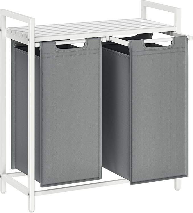 VASAGLE Laundry Hamper, Laundry Basket, Laundry Sorter with 2 Pull-Out and Removable Bags, Shelf, Metal Frame, 2 x 12.1 Gallons (46 L), 28.8 x 13 x 28.4 Inches, Slate Gray and Cloud White UBLH201W11
