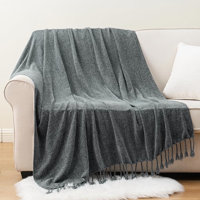 BATTILO HOME Dark Gray Throw Blanket for Couch Bed Sofa, Soft Cozy Grey Chenille Throw Blanket with Fringe Tassels, Lightweight Knit Throw Blanket for Home Decor, 50"x60"