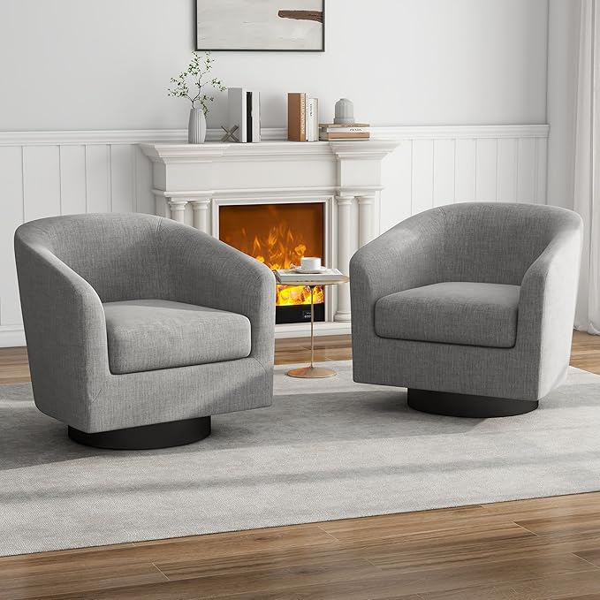 UIXE Swivel Barrel Accent Chair Set of 2, Modern Upholstered Arm Chair in Fabric for Living Room, Round Club Armchair Single Sofa Seating Corner Nook Side Reading Seat - Light Gray