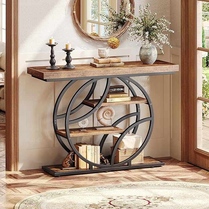 Huuger 41.3 Inch Entryway Table, Industrial Console Sofa Table with Storage, Accent Table with Shelves, for Entry, Hallway, Entrance, Foyer, O-Shaped Metal Frame, Rusitc Brown