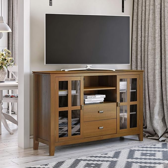 SIMPLIHOME Artisan SOLID WOOD 53 inch Wide Transitional TV Media Stand in Honey Brown For TVs up to 60 inches for the Living Room and Entertainment Center
