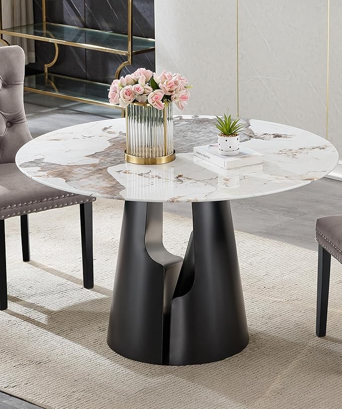 7-Piece Faux Marble Round Dining Table Set for 6, Modern Luxury Kitchen Table Set for 6 with Blue Tufted Chairs,Circle Dining Tables with Pandora Grain Top and Black Pedestal Base