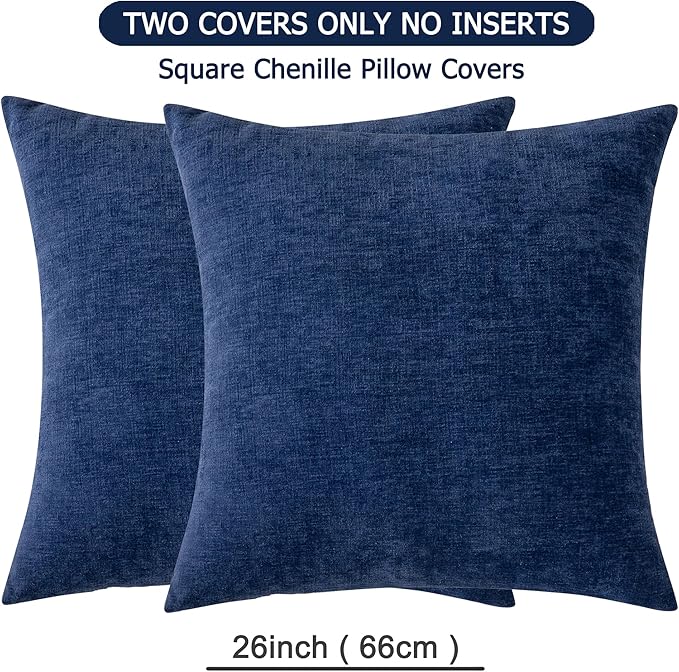 GAWAMAY Decorative Chenille Throw Pillow Covers 26x26 Inch Pack of 2, Soft Square Couch Pillow Cover for Sofa Cushion Living Room Bedroom Solid Oversized Pillowcases Navy Blue 66x66cm (ONLY Covers)