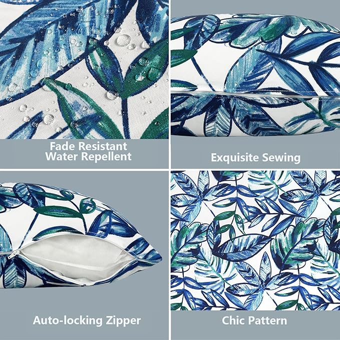 LVTXIII Outdoor Pillow Covers ONLY, Square Throw Pillow Covers, Modern Cushion Cases for Sofa Patio Couch Decoration 18 x 18 Inch, Pack of 2, Leaves Ink Blue