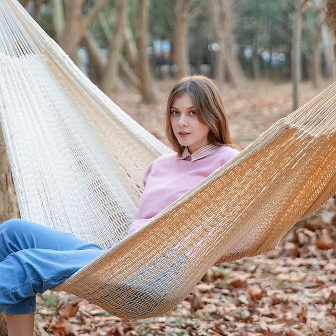PNAEUT Mayan Hammock, Handwoven XL Thick Soft Rope Hammocks for Outdoor Indoor, Max 600 lbs Capacity, Tree Straps & Carabiners Included (Nature)